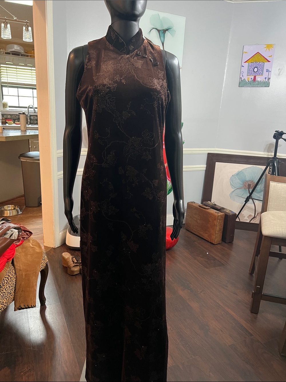 Sleeveless Brown Velvet Maxi Dress with Mandarin Collar